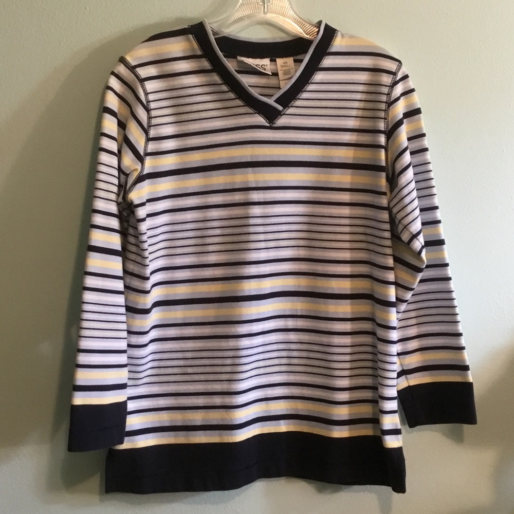 Russ Striped V-Neck Sweater in White, Navy & Yellow